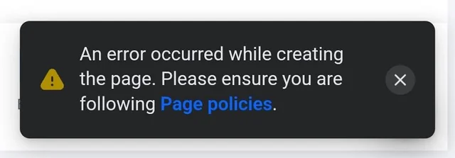 ข้อความแจ้งเตือนสร้างเพจ Facebook ไม่สำเร็จและให้ตรวจ Page policies