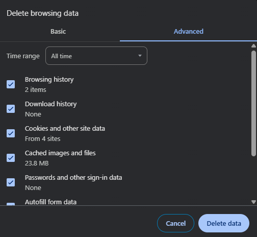 เลือก Advanced และ Time range All time ในหน้าล้างข้อมูล Chrome