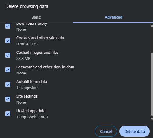 เลือกลบคุกกี้และแคชก่อนกด Delete data โดยตรวจช่องรหัสผ่านและ Autofill ก่อน