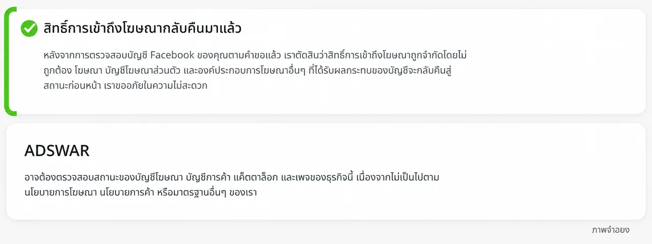 ภาพจำลองข้อความสิทธิ์โฆษณากลับคืนมาหลังตรวจสอบคำขอ